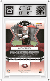 Brock Purdy from the 2022 Panini Mosaic set featuring a Pink Camo parallel graded by Arena Club and given an overall grade of 10.