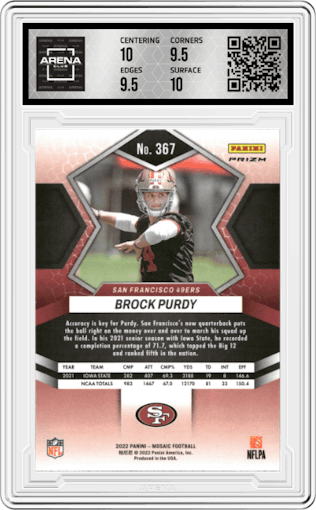 Brock Purdy from the 2022 Panini Mosaic set featuring a Pink Camo parallel graded by Arena Club and given an overall grade of 10.