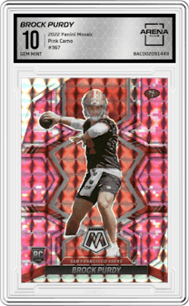 Brock Purdy from the 2022 Panini Mosaic set featuring a Pink Camo parallel graded by Arena Club and given an overall grade of 10.