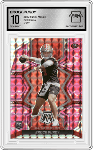 Brock Purdy from the 2022 Panini Mosaic set featuring a Pink Camo parallel graded by Arena Club and given an overall grade of 10.
