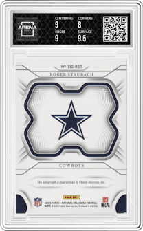 Roger Staubach from the 2022 Panini National Treasures set featuring a Holo Silver parallel graded by Arena Club and given an overall grade of 8.5.