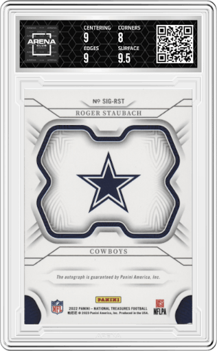 Roger Staubach from the 2022 Panini National Treasures set featuring a Holo Silver parallel graded by Arena Club and given an overall grade of 8.5.