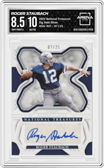 Roger Staubach from the 2022 Panini National Treasures set featuring a Holo Silver parallel graded by Arena Club and given an overall grade of 8.5.
