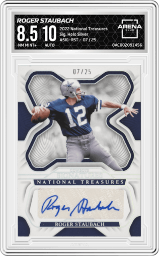 Roger Staubach from the 2022 Panini National Treasures set featuring a Holo Silver parallel graded by Arena Club and given an overall grade of 8.5.