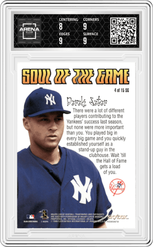 Derek Jeter from the 1999 SkyBox Premium set graded by Arena Club and given an overall grade of 8.5.