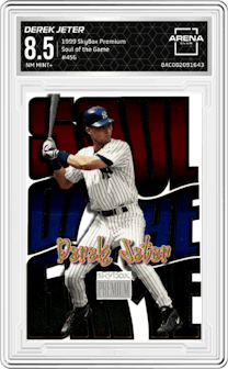 Derek Jeter from the 1999 SkyBox Premium set graded by Arena Club and given an overall grade of 8.5.