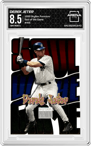 Derek Jeter from the 1999 SkyBox Premium set graded by Arena Club and given an overall grade of 8.5.