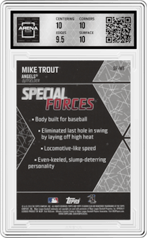 Mike Trout from the 2018 Topps Stadium Club set featuring a Black parallel graded by Arena Club and given an overall grade of 10.