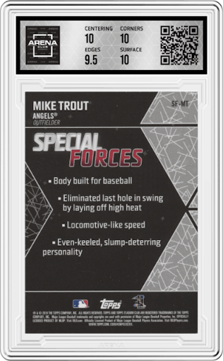 Mike Trout from the 2018 Topps Stadium Club set featuring a Black parallel graded by Arena Club and given an overall grade of 10.