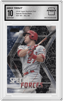 Mike Trout from the 2018 Topps Stadium Club set featuring a Black parallel graded by Arena Club and given an overall grade of 10.