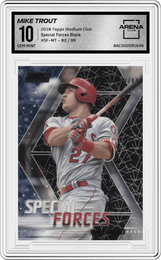 Mike Trout from the 2018 Topps Stadium Club set featuring a Black parallel graded by Arena Club and given an overall grade of 10.