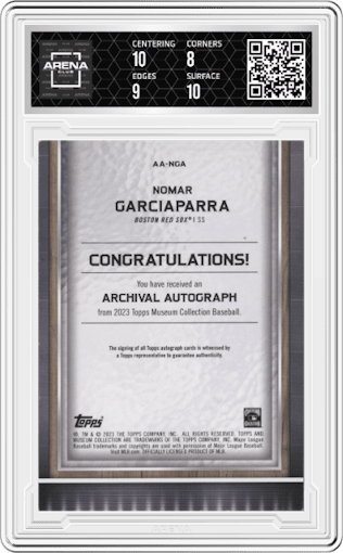 Nomar Garciaparra from the 2023 Topps Museum Collection set featuring a Amethyst parallel graded by Arena Club and given an overall grade of 8.5.