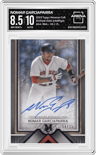 Nomar Garciaparra from the 2023 Topps Museum Collection set featuring a Amethyst parallel graded by Arena Club and given an overall grade of 8.5.