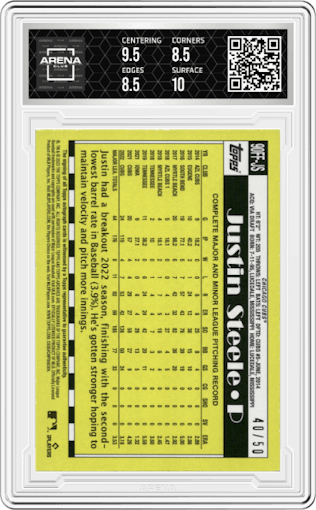 Justin Steele from the 2023 Topps Archives set featuring a Gold Foil parallel graded by Arena Club and given an overall grade of 9.