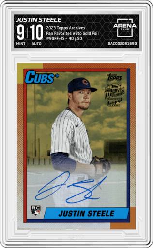 Justin Steele from the 2023 Topps Archives set featuring a Gold Foil parallel graded by Arena Club and given an overall grade of 9.