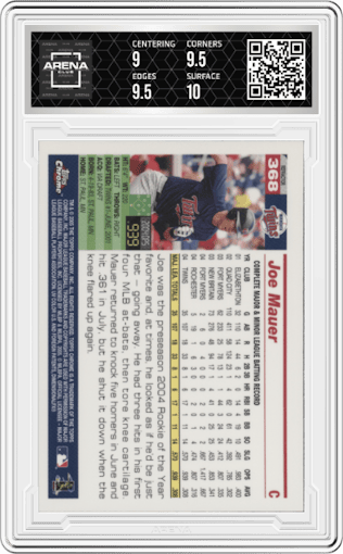 Joe Mauer from the 2005 Topps Chrome set featuring a Refractor parallel graded by Arena Club and given an overall grade of 9.5.