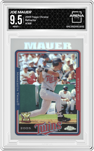 Joe Mauer from the 2005 Topps Chrome set featuring a Refractor parallel graded by Arena Club and given an overall grade of 9.5.