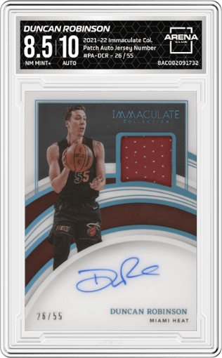 Duncan Robinson from the 2021-22 Panini Immaculate Collection set featuring a Jersey Number parallel graded by Arena Club and given an overall grade of 8.5.