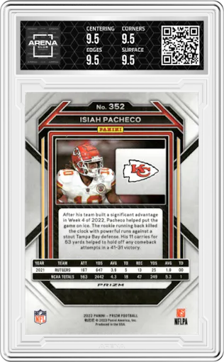 Isiah Pacheco from the 2022 Panini Prizm set featuring a Silver Prizm parallel graded by Arena Club and given an overall grade of 9.5.