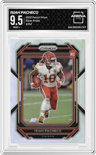 Isiah Pacheco from the 2022 Panini Prizm set featuring a Silver Prizm parallel graded by Arena Club and given an overall grade of 9.5.