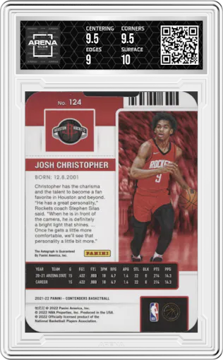Josh Christopher from the 2021-22 Panini Contenders  set featuring a Stub parallel graded by Arena Club and given an overall grade of 9.5.