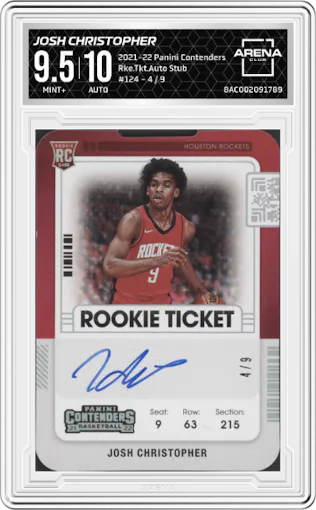 Josh Christopher from the 2021-22 Panini Contenders  set featuring a Stub parallel graded by Arena Club and given an overall grade of 9.5.