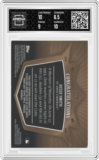 Ozzie Smith from the 2007 Topps Triple Threads set featuring a Sepia parallel graded by Arena Club and given an overall grade of 7.