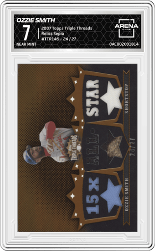Ozzie Smith from the 2007 Topps Triple Threads set featuring a Sepia parallel graded by Arena Club and given an overall grade of 7.