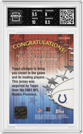 Reggie Wayne from the 2001 Topps Finest set graded by Arena Club and given an overall grade of 8.5.