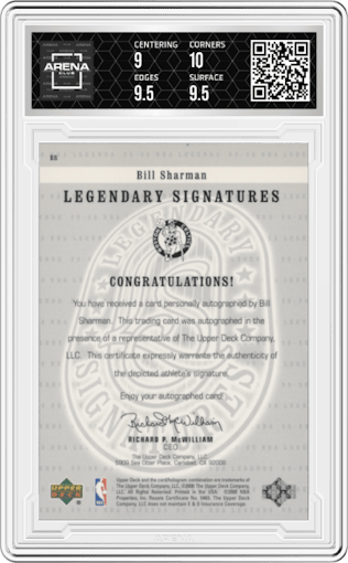 Bill Sharman from the 1999-00 Upper Deck Legends set graded by Arena Club and given an overall grade of 9.5.