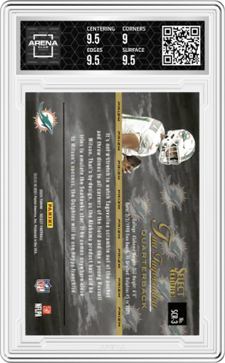 Tua Tagovailoa from the 2020 Panini Select set featuring a Prizm  parallel graded by Arena Club and given an overall grade of 9.5.