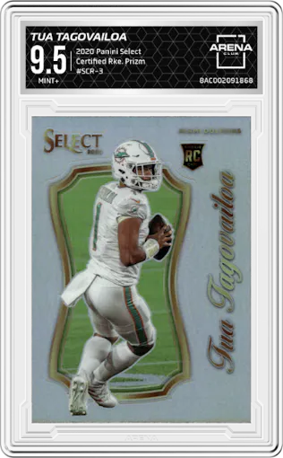 Tua Tagovailoa from the 2020 Panini Select set featuring a Prizm  parallel graded by Arena Club and given an overall grade of 9.5.