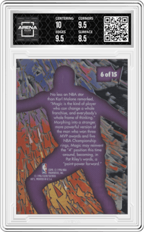 Magic Johnson from the 1995-96 Fleer Metal set graded by Arena Club and given an overall grade of 9.