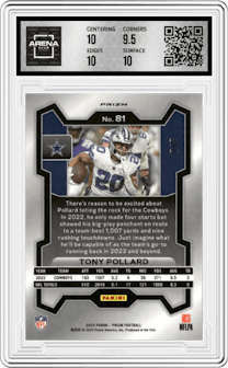 Tony Pollard from the 2023 Panini Prizm set featuring a Green Sparkle parallel graded by Arena Club and given an overall grade of 10.