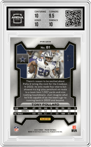 Tony Pollard from the 2023 Panini Prizm set featuring a Green Sparkle parallel graded by Arena Club and given an overall grade of 10.