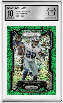 Tony Pollard from the 2023 Panini Prizm set featuring a Green Sparkle parallel graded by Arena Club and given an overall grade of 10.
