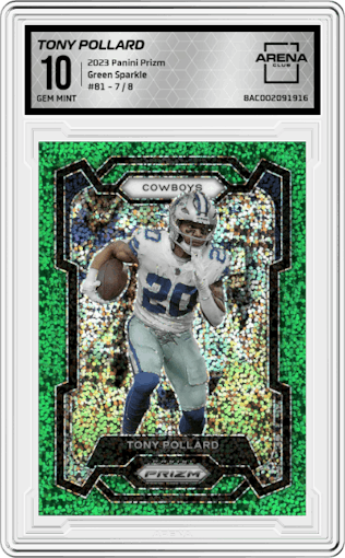 Tony Pollard from the 2023 Panini Prizm set featuring a Green Sparkle parallel graded by Arena Club and given an overall grade of 10.