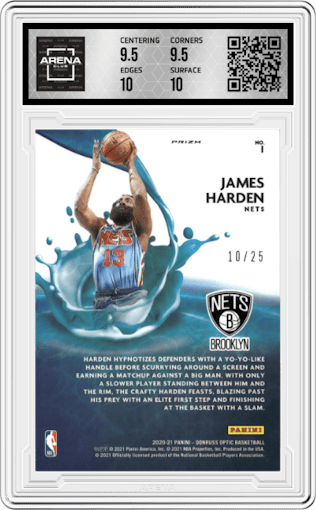 James Harden from the 2020-21 Panini Donruss Optic set featuring a Pink parallel graded by Arena Club and given an overall grade of 10.