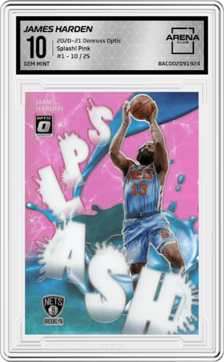 James Harden from the 2020-21 Panini Donruss Optic set featuring a Pink parallel graded by Arena Club and given an overall grade of 10.
