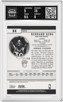 Bernard King from the 2007-08 Bowman Sterling set featuring a Black Refractor parallel graded by Arena Club and given an overall grade of 8.