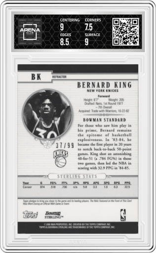 Bernard King from the 2007-08 Bowman Sterling set featuring a Black Refractor parallel graded by Arena Club and given an overall grade of 8.