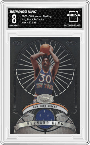 Bernard King from the 2007-08 Bowman Sterling set featuring a Black Refractor parallel graded by Arena Club and given an overall grade of 8.