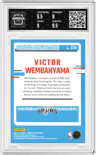 Victor Wembanyama from the 2023-24 Panini Donruss set graded by Arena Club and given an overall grade of 9.5.