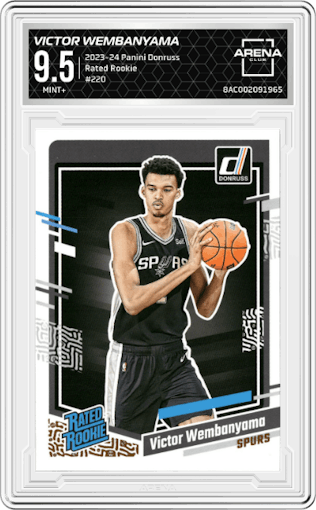 Victor Wembanyama from the 2023-24 Panini Donruss set graded by Arena Club and given an overall grade of 9.5.