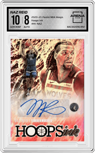 Naz Reid from the 2020-21 Panini NBA Hoops set graded by Arena Club and given an overall grade of 10.