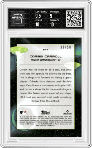 Corbin Carroll from the 2023 Topps Cosmic Chrome set featuring a Gold Interstellar Refractor  parallel graded by Arena Club and given an overall grade of 9.5.