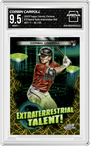 Corbin Carroll from the 2023 Topps Cosmic Chrome set featuring a Gold Interstellar Refractor  parallel graded by Arena Club and given an overall grade of 9.5.