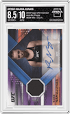 Rose Namajunas from the 2019 Topps UFC Knockout MMA set featuring a Purple parallel graded by Arena Club and given an overall grade of 8.5.