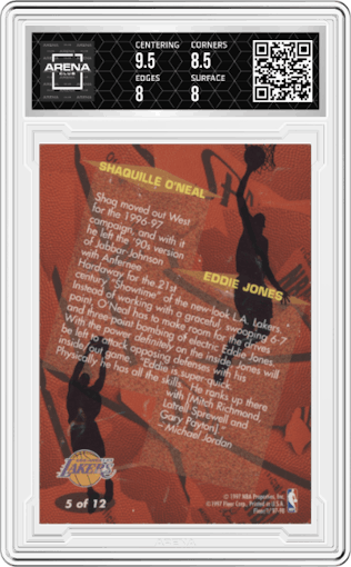 Shaquille O'Neal/Eddie Jones from the 1997-98 Fleer set graded by Arena Club and given an overall grade of 8.5.