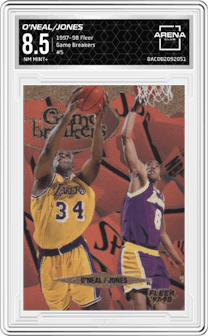 Shaquille O'Neal/Eddie Jones from the 1997-98 Fleer set graded by Arena Club and given an overall grade of 8.5.